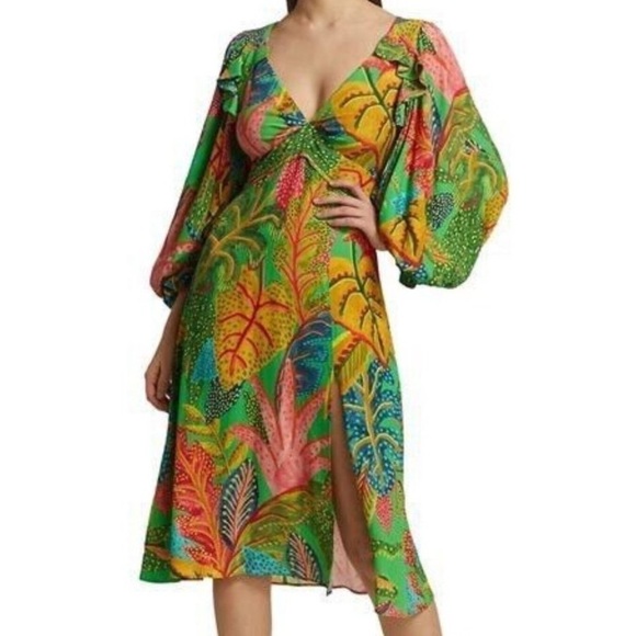Farm Rio Forest Dream V Neck Midi Tropical Print Green Slit Dress. Size XS. - Picture 2 of 9